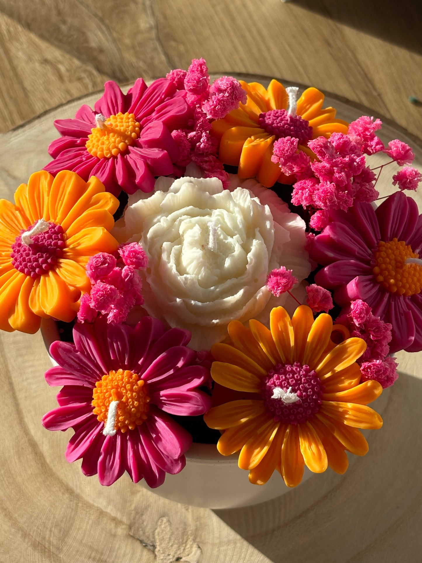 Composition florale orange et fuschia